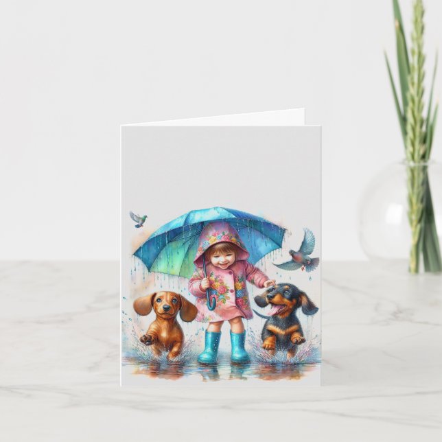 Rain Puddle Friends Dachshund (nedladdningsbart) Kort (Framsida)