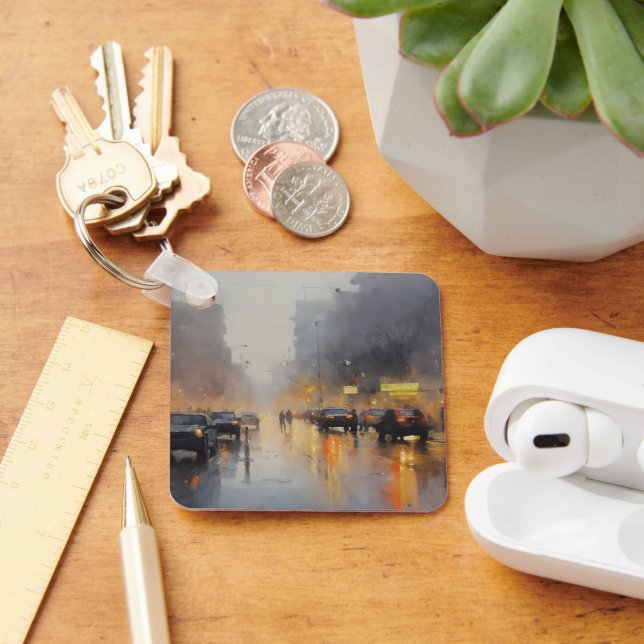 Rain Scene i stadens kvällstid Nyckelring (Skrivbord)