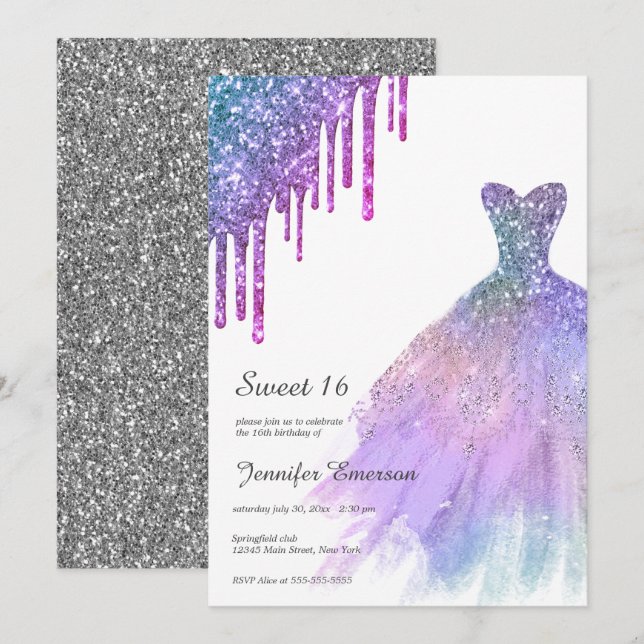 Rainboand silver Dress Glitter Drives Sweet sixtee Inbjudningar (Fram/baksida)