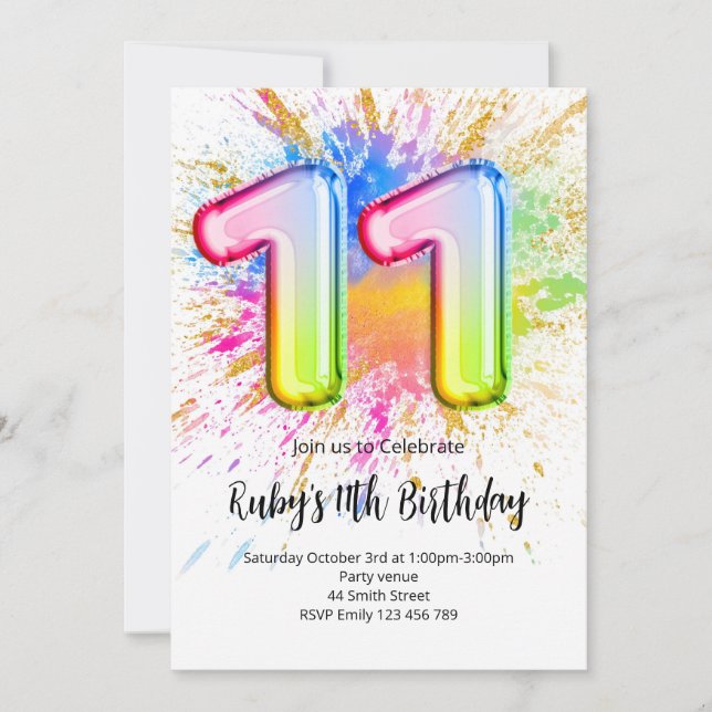 Rainbow 11th Birthday Invitation Inbjudningar (Framsida)