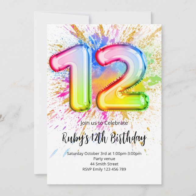 Rainbow 12th Birthday Invitation Inbjudningar (Framsida)