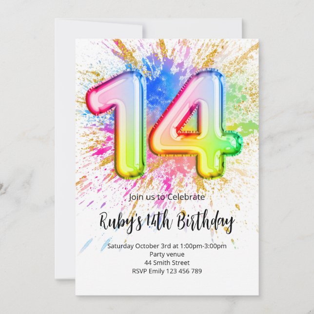 Rainbow 14th Birthday Invitation Inbjudningar (Framsida)