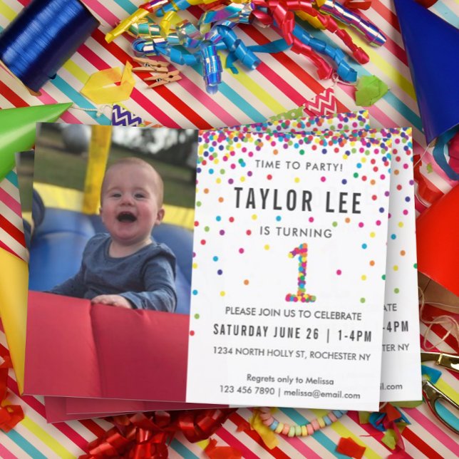 Rainbow 1st Birthday Party, Photo First Birthday I Inbjudningar (Rainbow confetti invitation with photo for your kiddo's first birthday!)