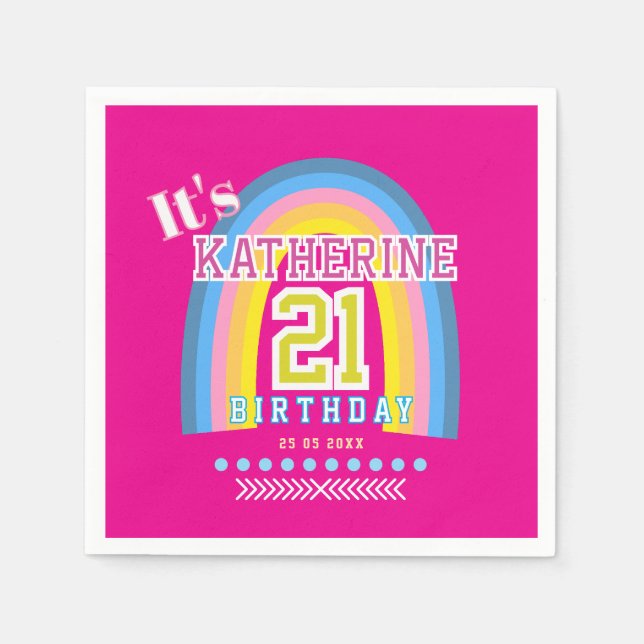 Rainbow 21st Birthday Hot Pink Pappersservett (Framsidan)