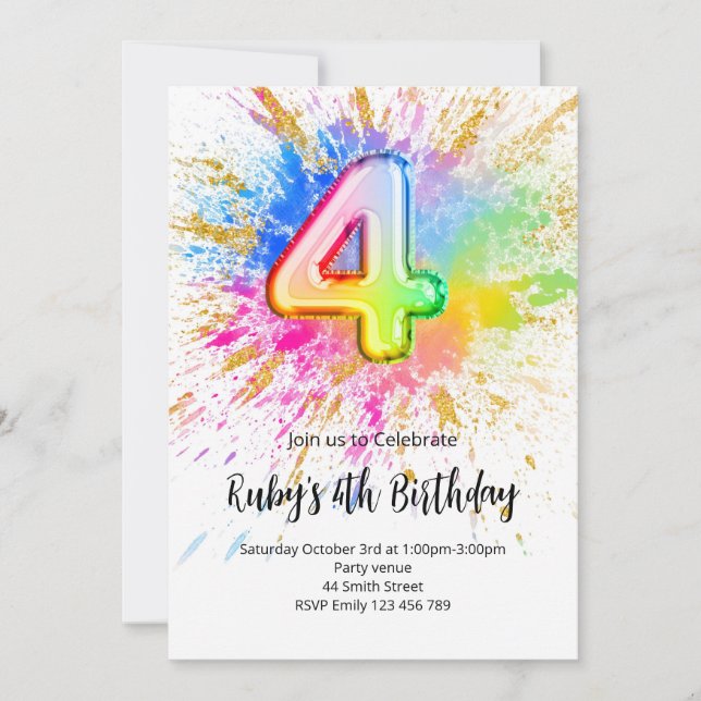 Rainbow 4th Birthday Invitation Inbjudningar (Framsida)