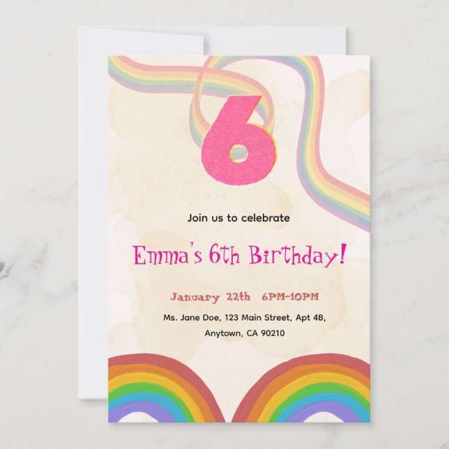 Rainbow 6th Birthday Party, Girl Invitation Inbjudningar (Framsida)
