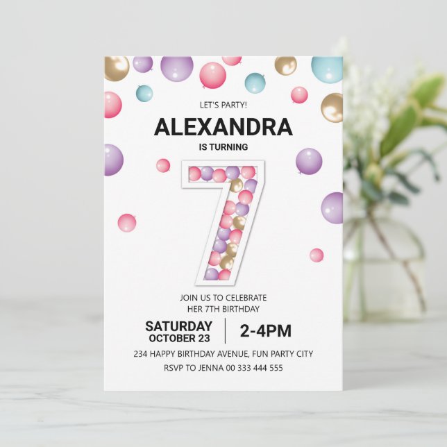 Rainbow 7:e Födelsedagsfest, Rosa Balloon Girl Inbjudningar (Stående Fram)