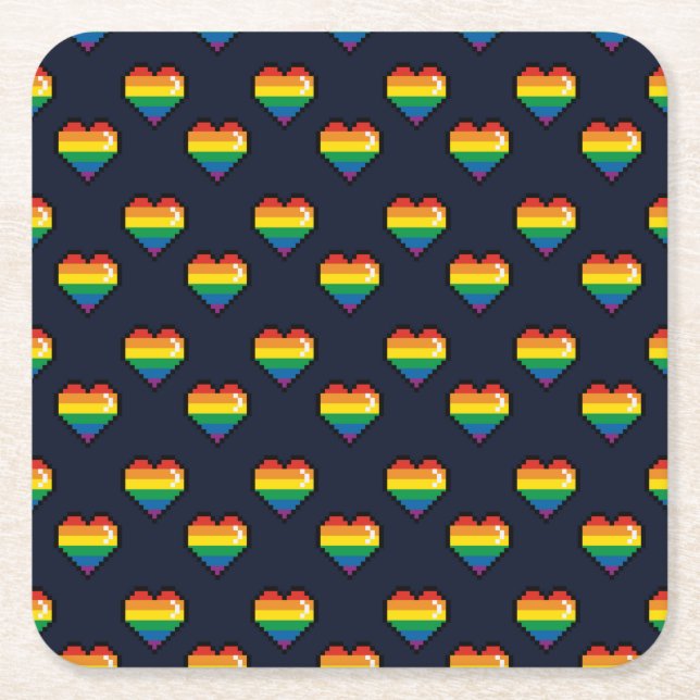 Rainbow 8 Bit Heart Mönster Underlägg Papper Kvadrat (Framsidan)