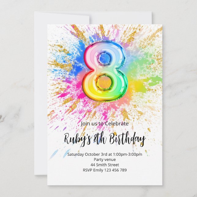 Rainbow 8th Birthday Invitation Inbjudningar (Framsida)
