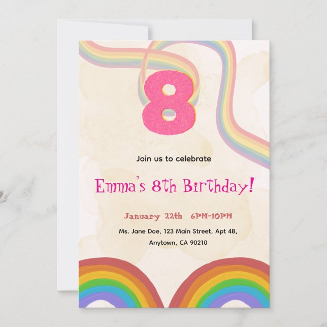 Rainbow 8th Birthday Party, Pink Girl Invitation Inbjudningar (Framsida)