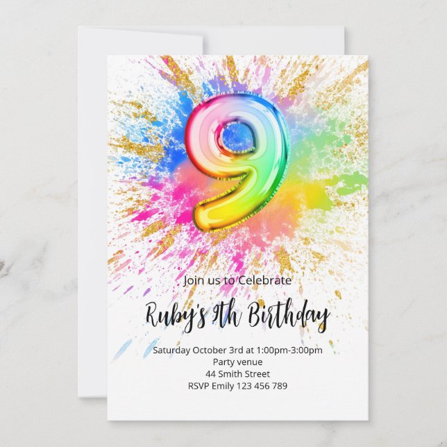 Rainbow 9th Birthday Invitation Inbjudningar (Framsida)