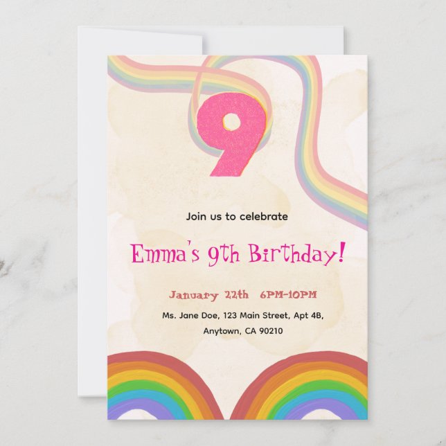  Rainbow 9th Birthday Party Invitation Inbjudningar (Framsida)