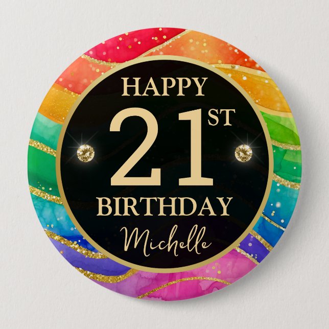 Rainbow Agate Gold Glitter Birthday Badge Knapp (Framsida)