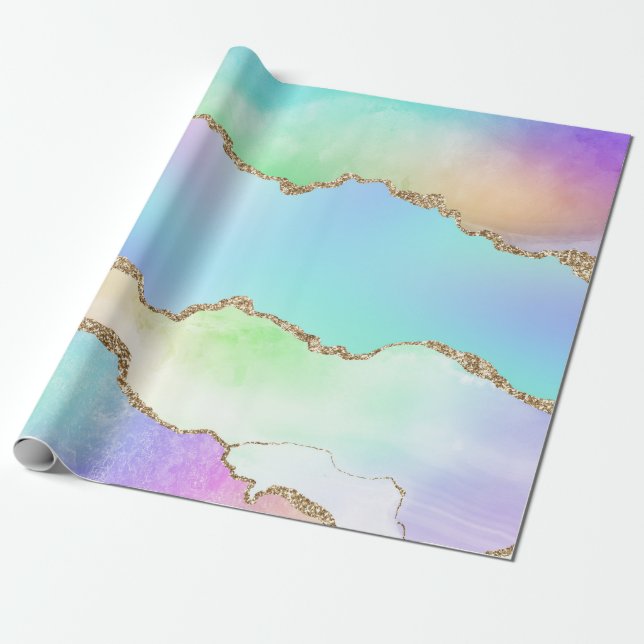 Rainbow Agate Pastel Faux Glitter Presentpapper (Utrullad)