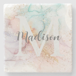 Rainbow Alcohol Bläck & Guld Glitter Monogram Namn Stenunderlägg