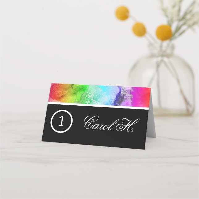 Rainbow Alcohol Bläck Watercolor Bordsnumren Namn Placeringskort (Framsida)