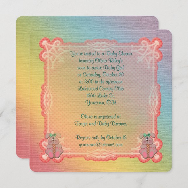 Rainbow and Bunnies Flicka Shower Inbjudningar (Fram/baksida)