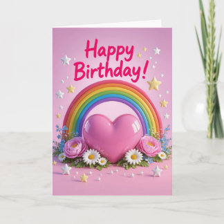 Rainbow and pink love heart birthday kort