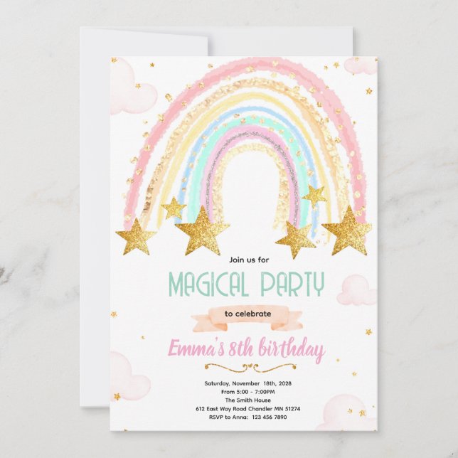Rainbow and star birthday invite inbjudningar (Framsida)