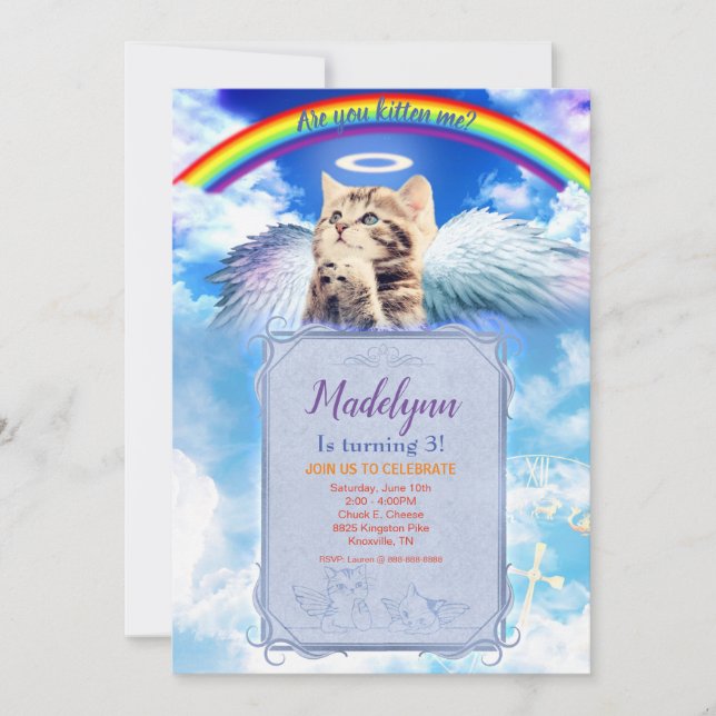 Rainbow Angel Cat Angelic bjudning Inbjudningar (Framsida)