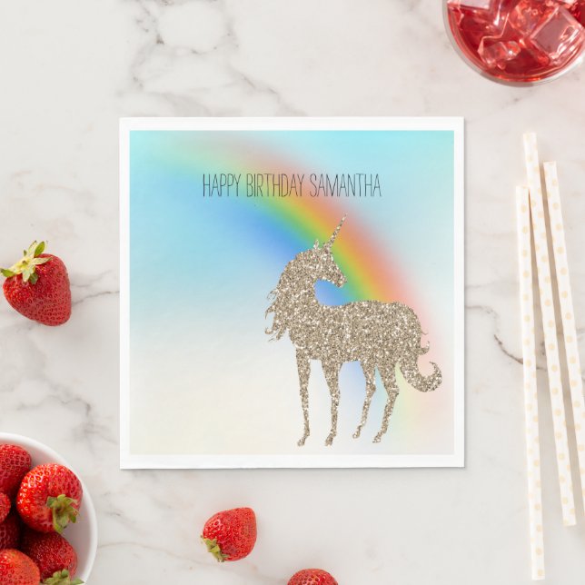 Rainbow Aqua Ombre Guld Glitter Unicorn Pappersservett (Insitu)