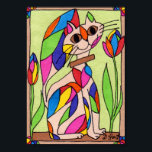 Rainbow Art Deco Cat Mini Modern Art Poster<br><div class="desc">Dekorera dina murar i stil med den här unika moderna konstminiens poster. I den här söta, vita teckningen sitter den bruna katten på bruna yta mot blekens grönt och visar på sina ovanliga kontrasterande markeringar för regnbåge i geometriska former med en konsthändelse som påminner om löv eller blomblad. Hon bär...</div>