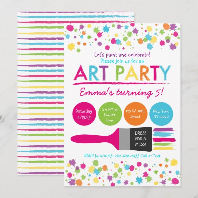 Rainbow Art Party Birthday Inbjudningar (Fram/baksida)