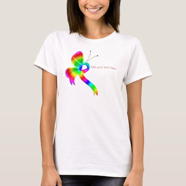 Rainbow Awareness Ribbon Butterfly T-Shirt (Framsida)