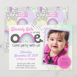 Rainbow Baby 1:a födelsedagen Kawaii Doodles Photo Inbjudningar