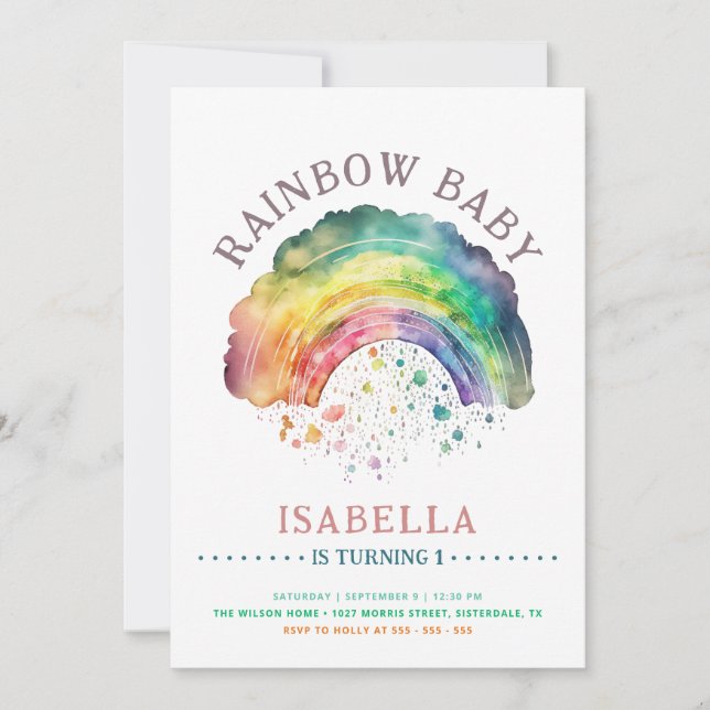 Rainbow Baby Cute Watercolor Girl 1:a födelsedagen Inbjudningar (Framsida)