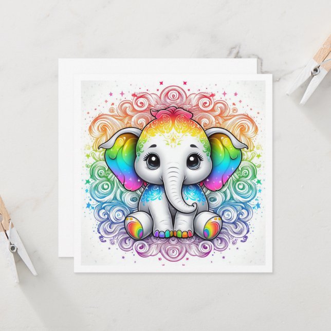Rainbow baby elephant blank card inbjudningar (Fram/Back In Situ)