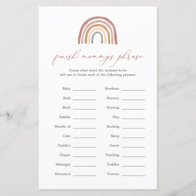 Rainbow Baby Shower Avslutar Mamma Phrase-spel (Framsida)