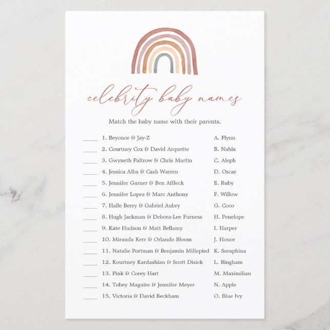 Rainbow Baby Shower Celebrity Barn namn Game (Framsida)