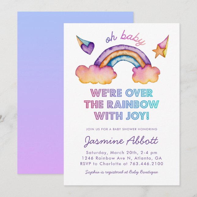 Rainbow Baby Shower Gender Neutral Watercolor Inbjudningar (Fram/baksida)