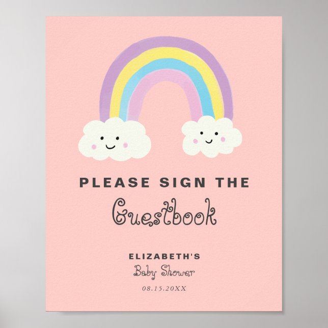 Rainbow Baby Shower Girl Rosa signerar Guestbook Poster (Framsidan)