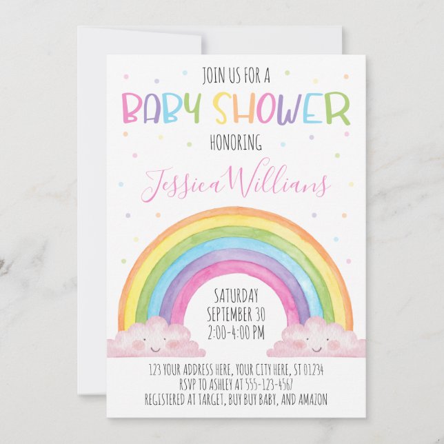 Rainbow Baby Shower-inbjudan, Girl Baby Shower Inbjudningar (Framsida)