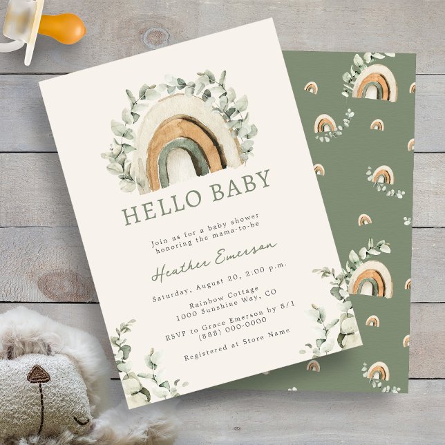 Rainbow Baby Shower Inbjudningar (Boho Rainbow Eucalyptus  Baby Shower Invitation by Painted Paperie)