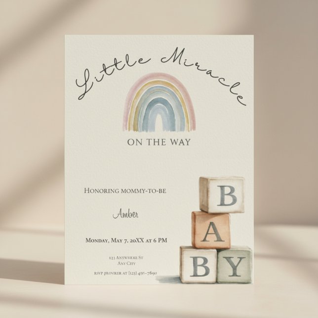 Rainbow Baby Shower Invite Boho Neutral Julkort (Gender neutral rainbow baby shower invite with pastel boho colors and minimal design.)