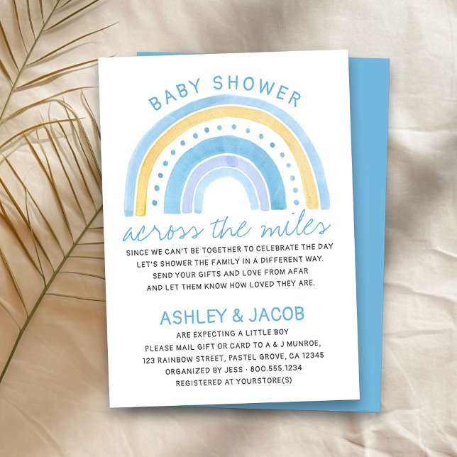 Rainbow Baby Shower över Miles Boys Blue Inbjudningar (Boy baby shower by mail invitation with cute rainbow)