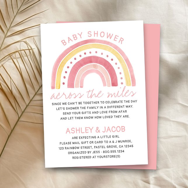 Rainbow Baby Shower över Miles Girls Rosa Inbjudningar (Girl baby shower by mail invitation with cute rainbow)