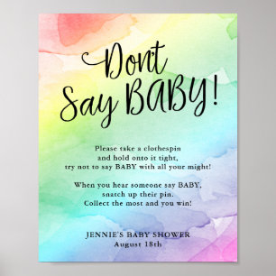 Rainbow Baby Shower Säg inte Baby Game Poster