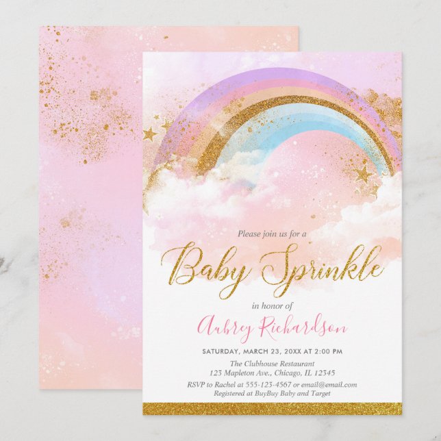 Rainbow baby sprinkle girl pastel rosa guld inbjudningar (Fram/baksida)