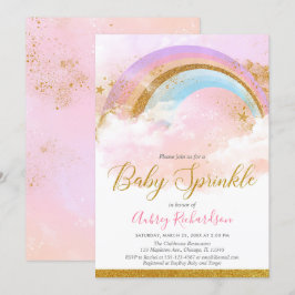 Rainbow baby sprinkle girl pastel rosa guld inbjudningar