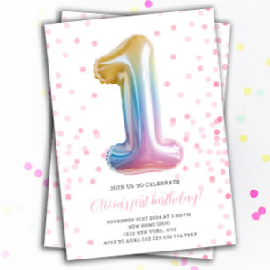 Rainbow Balloon 1st Birthday Girl Party Number Inbjudningar