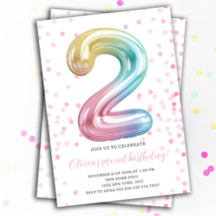 Rainbow Balloon 2nd Birthday Girl Party Number Inbjudningar