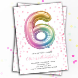 Rainbow Balloon 6e Birthday Girl Party Number Inbjudningar