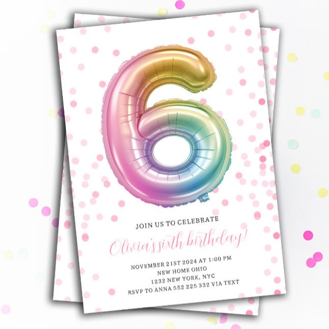 Rainbow Balloon 6e Birthday Girl Party Number Inbjudningar (6th Rainbow Balloon Number Girl party Birthday Invitations)
