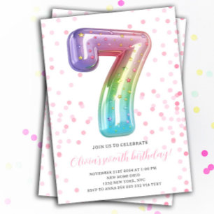 Rainbow Balloon 7:e Birthday Girl Party Number Inbjudningar