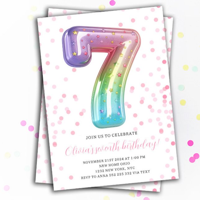 Rainbow Balloon 7:e Birthday Girl Party Number Inbjudningar (7th Birthday Rainbow Balloon Number Girl Invitations)