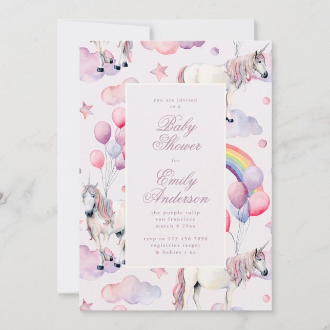 Rainbow Balloons Unicorn Baby Shower Party Girl Inbjudningar (Framsida)